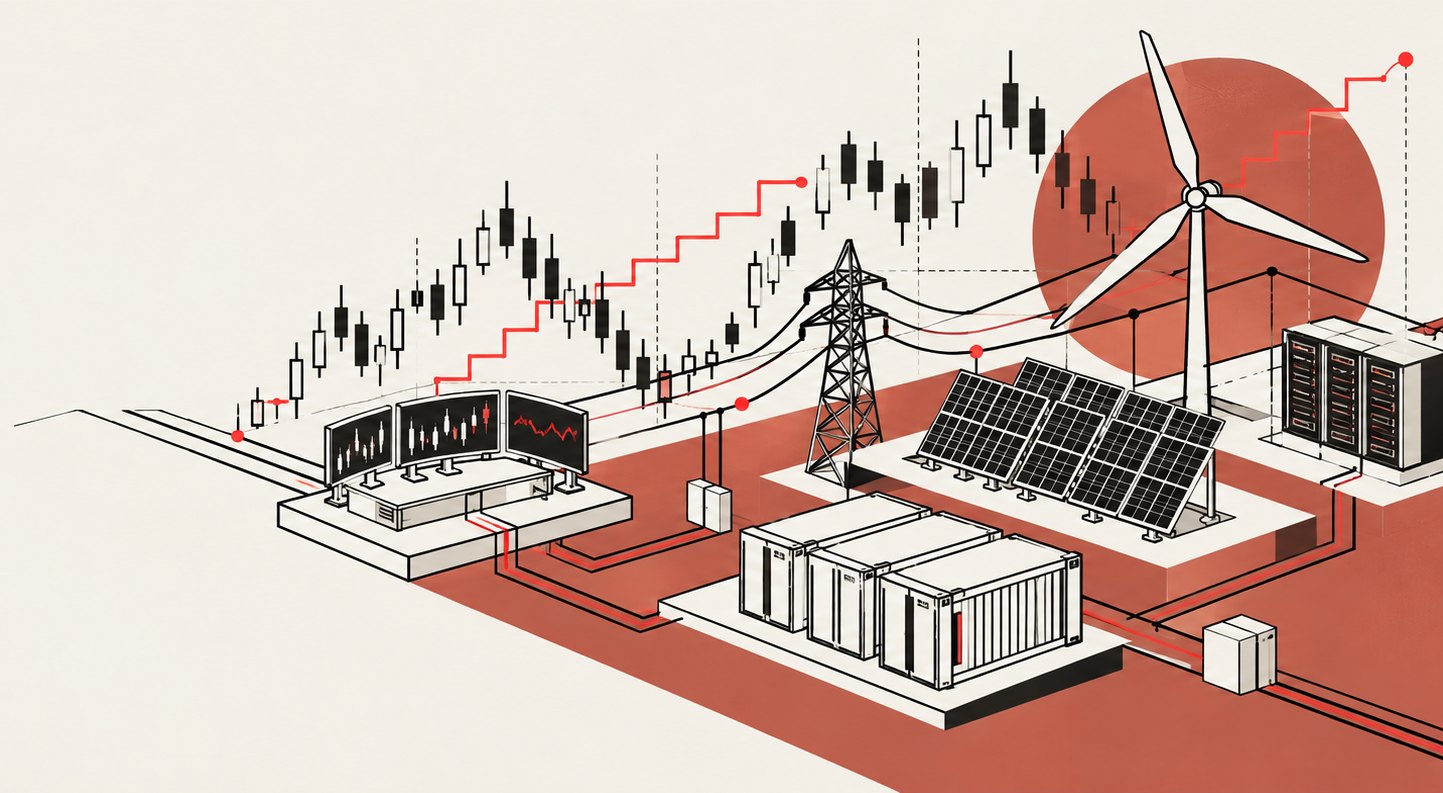 Line illustration of a trading desk, candlestick prices, a power line, battery containers, solar panels and a wind turbine